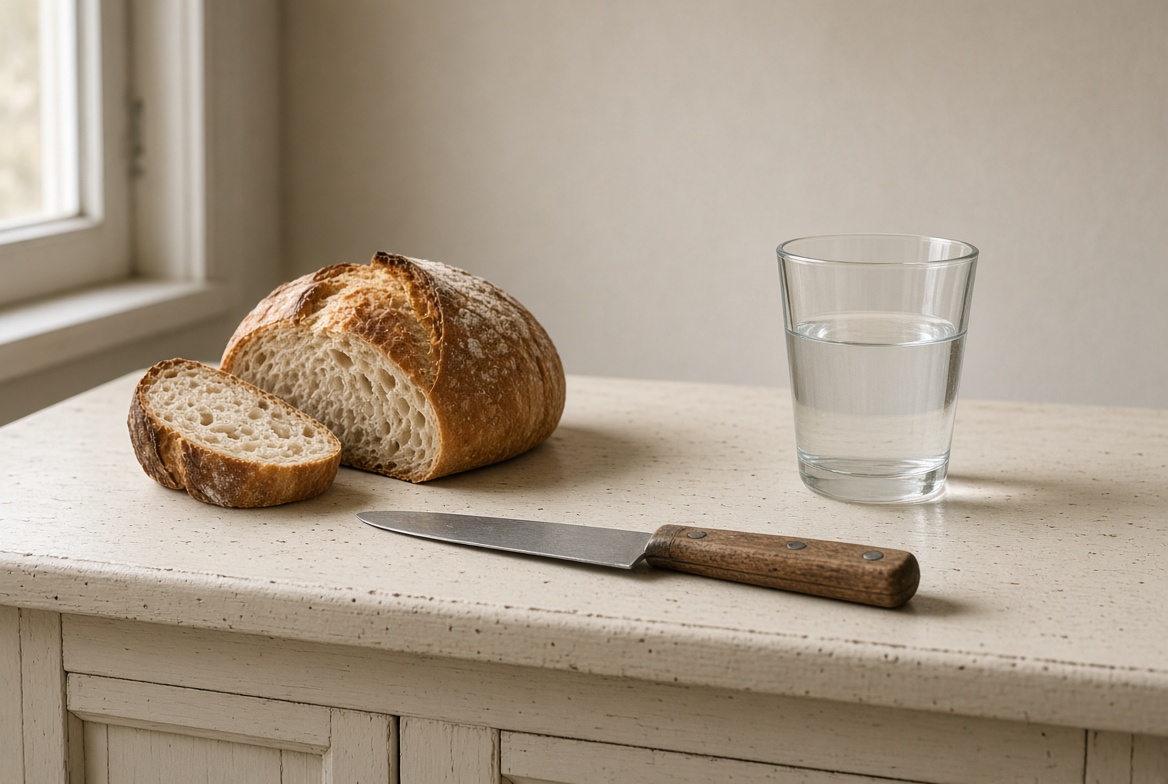 Simple loaf of bread, knife, and glass of water on a kitchen counter in natural light